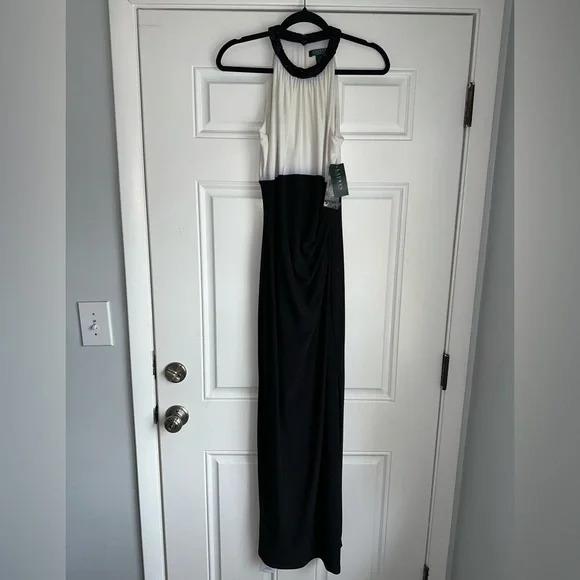 NWT LAUREN RALPH LAUREN SIZE 8 black white maxi evening gown dress beaded - Picture 2 of 8